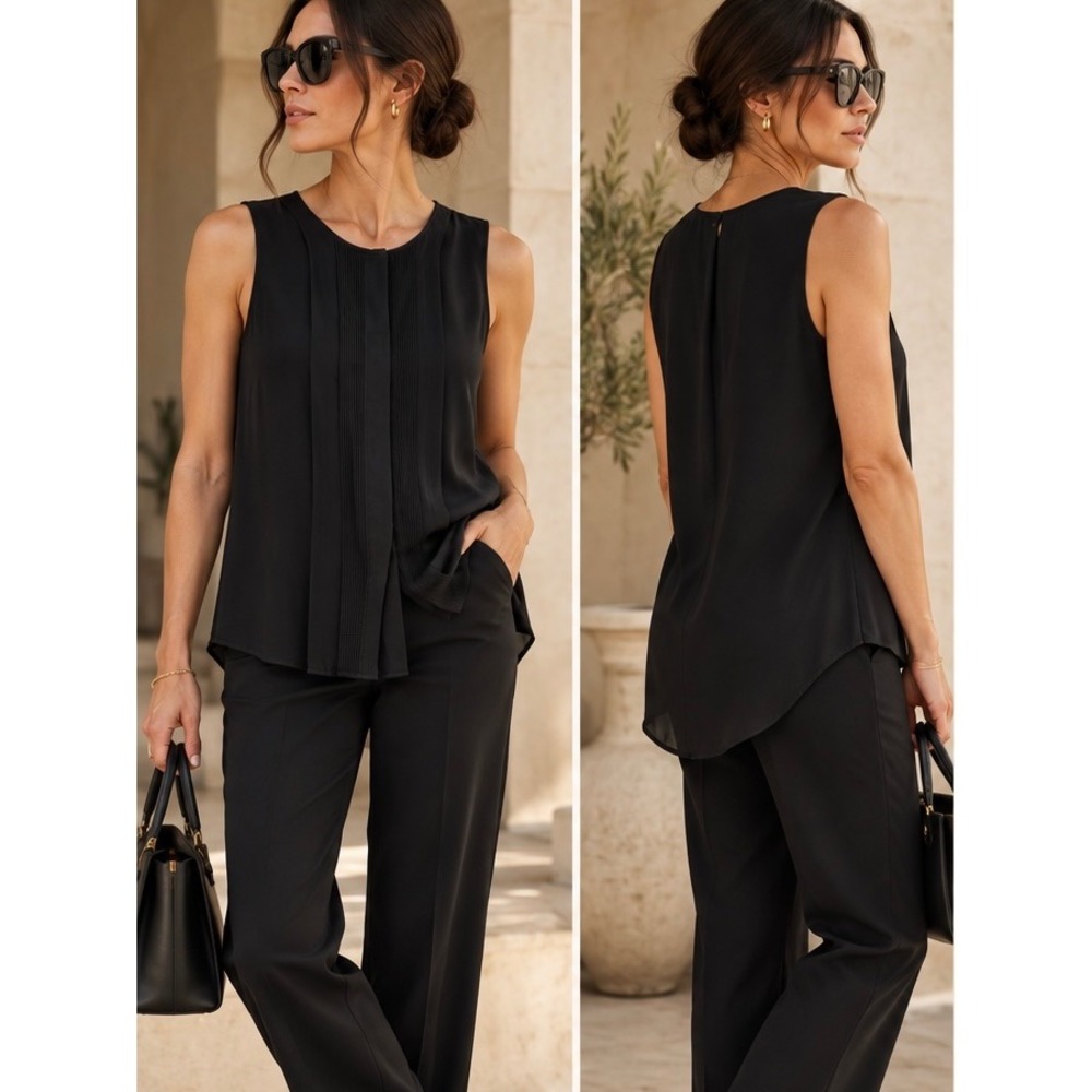 Veronica Beard Silk Pintuck Blouse | Black | High-Low Hem | Size 6